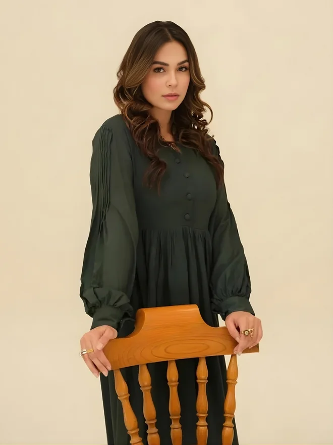 زوك Zauk Women Pleated Sleeves Buttoned Maxi Dress